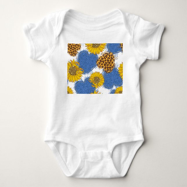 Denim Hearts Leopard Sunflowers Pattern Baby Bodysuit (Front)