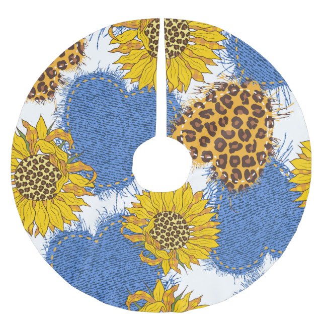 Denim Hearts Leopard Sunflowers Pattern Brushed Polyester Tree Skirt (Front)