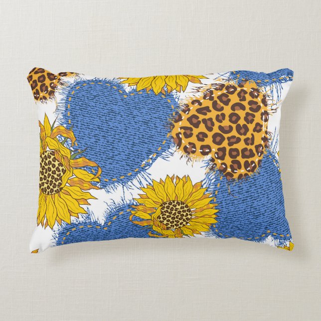 Denim Hearts Leopard Sunflowers Pattern Decorative Cushion (Front)
