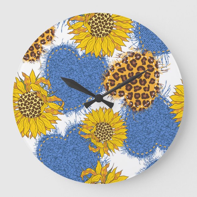 Denim Hearts Leopard Sunflowers Pattern Large Clock (Front)