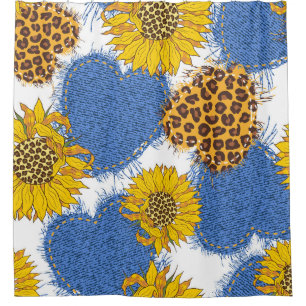 Denim Hearts Leopard Sunflowers Pattern Shower Curtain