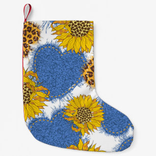Denim Hearts Leopard Sunflowers Pattern Small Christmas Stocking