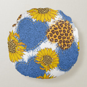 Denim hearts made of fabric with torn edges and le round cushion