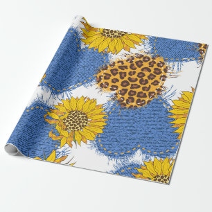 Denim hearts made of fabric with torn edges and le wrapping paper