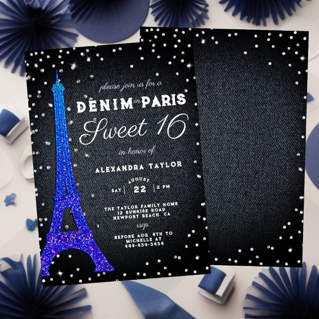 Denim in Paris Glitter Minimalist Rustic Sweet 16 Invitation (Creator Uploaded)