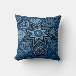 Denim-Inspired Blue Folk Art Hearts Throw Pillow