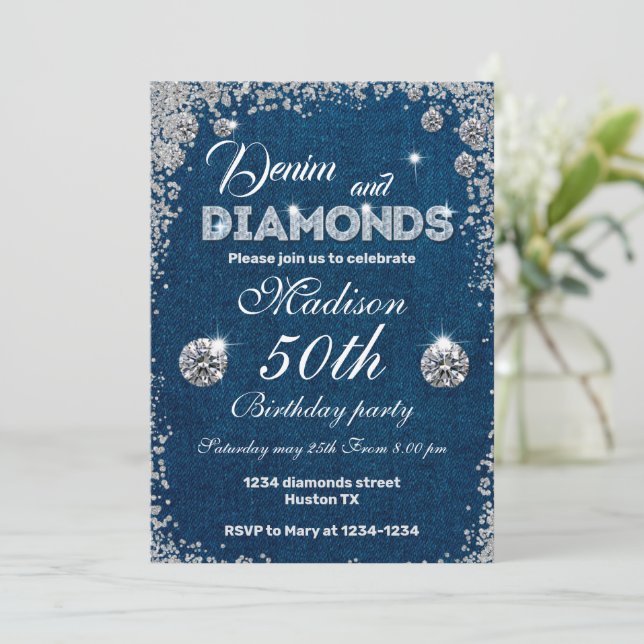 Denim invitation, Denim and Diamonds 50th birthday Invitation (Standing Front)