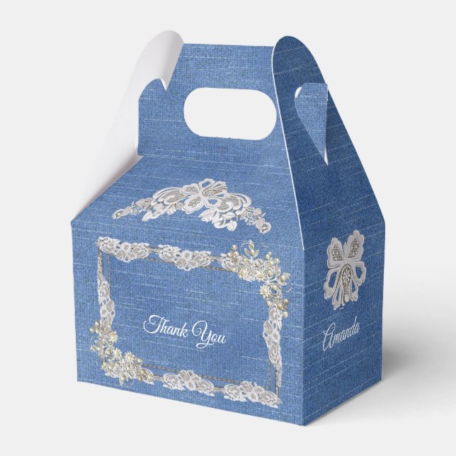Denim Ivory-pearls and Lace Favour Box (Back Side)