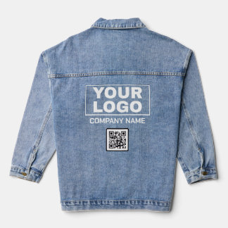 Denim Jacket Featuring Company Name and Logo