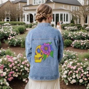 Denim Jacket With Abstract Skull and Flower Art