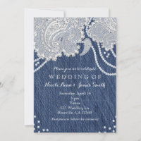 Denim Jean Pearls & White Paisley Lace Wedding
