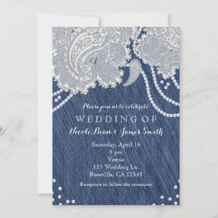 Denim Jean Pearls & White Paisley Lace Wedding  Invitation