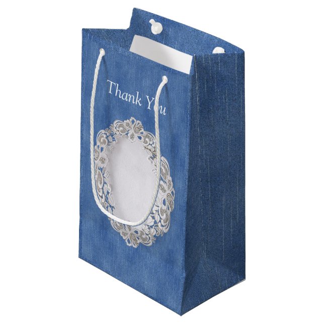 Denim Jean pockets and Lace Small Gift Bag (Front Angled)