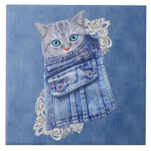 Denim Jean pockets,Kittens and Lace Ceramic Tile
