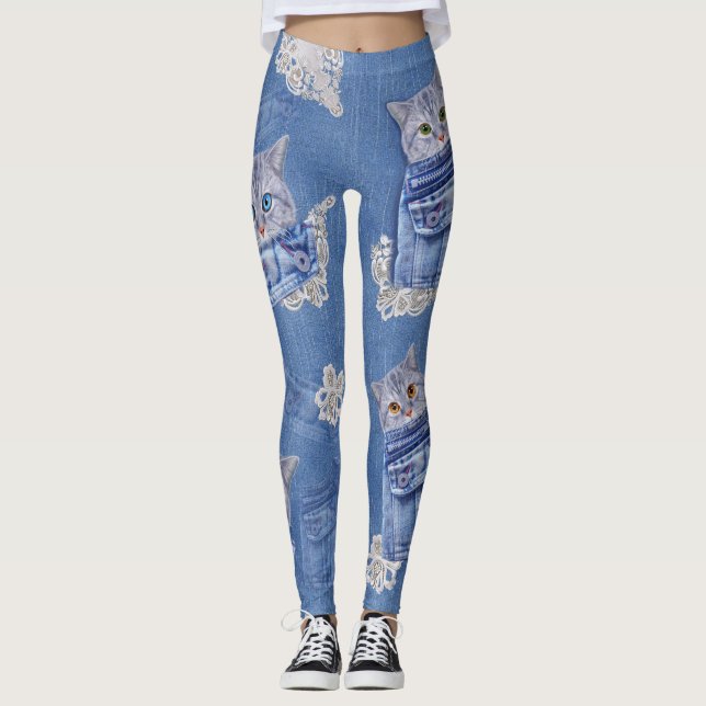 Denim Jean pockets,Kittens and Lace Leggings (Front)