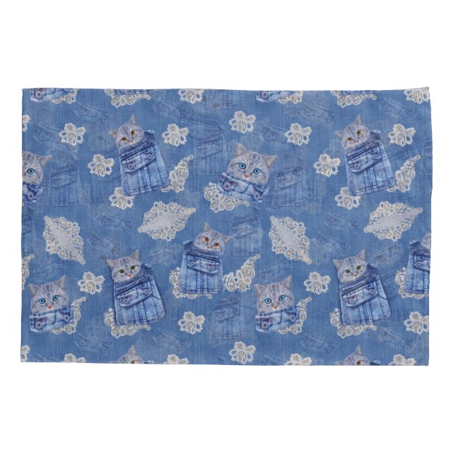 Denim Jean pockets,Kittens and Lace Repeat Pattern Pillowcase (Back)