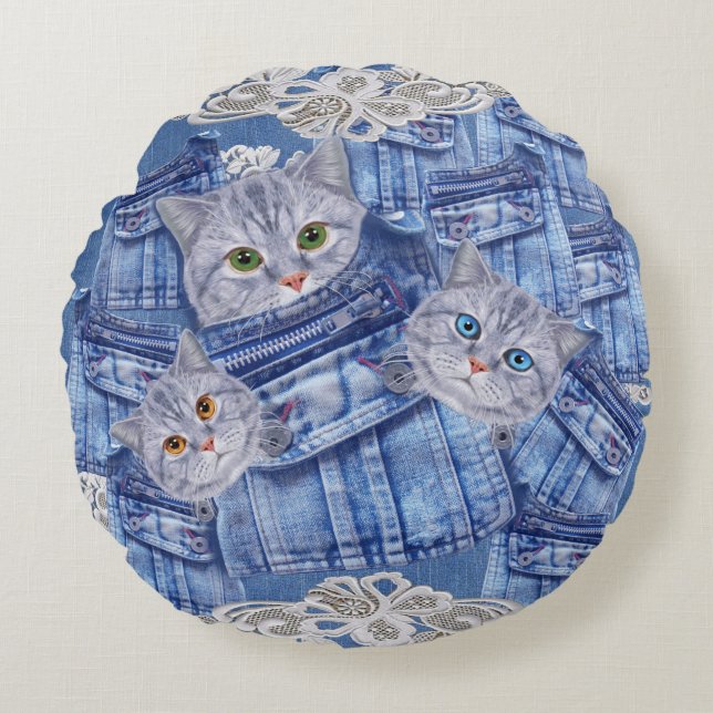 Denim Jean pockets,Kittens and Lace Round Cushion (Front)