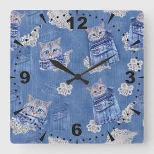 Denim Jean pockets,Kittens and Lace Square Wall Clock