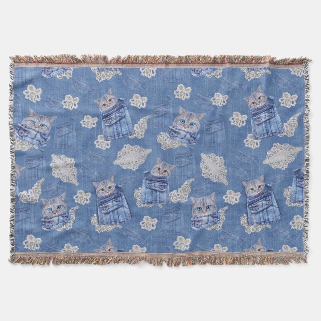 Denim Jean pockets,Kittens and Lace Throw Blanket (Front)