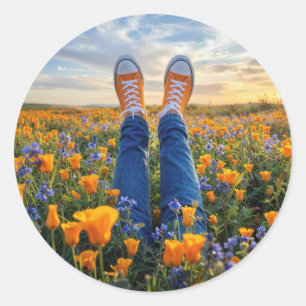 Denim Jeans and Orange Sneakers in Flowers Classic Round Sticker