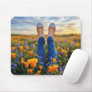 Denim Jeans and Orange Sneakers in Flowers Mouse Pad