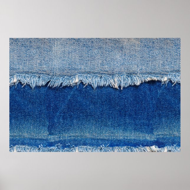 Denim jeans background. Ripped denim fabric with b Poster (Front)
