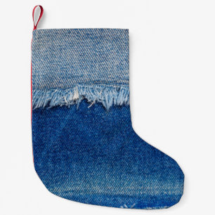 Denim jeans background. Ripped denim fabric with b Small Christmas Stocking