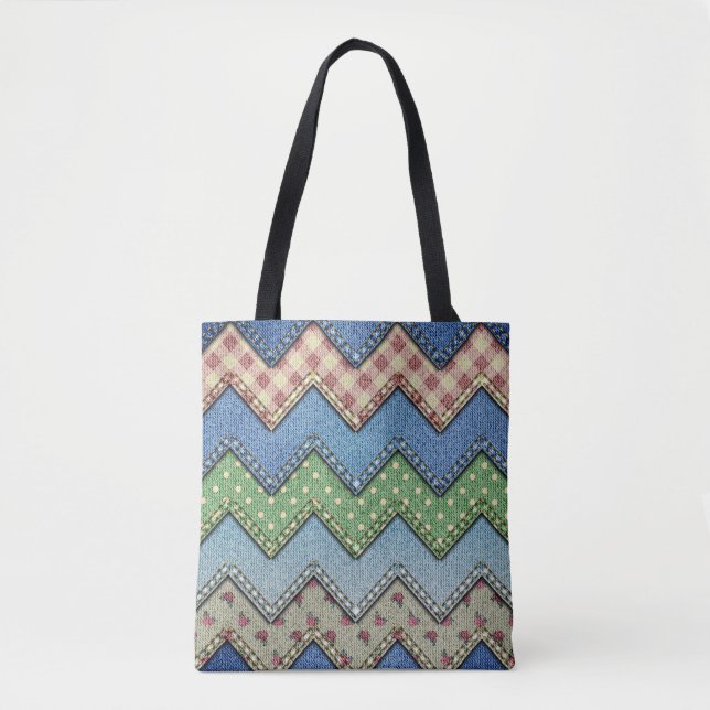 Denim jeans patchwork pattern tote bag (Front)