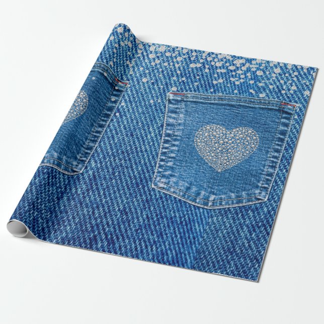 Denim Jeans Pocket Rustic Country Western Diamonds Wrapping Paper (Unrolled)