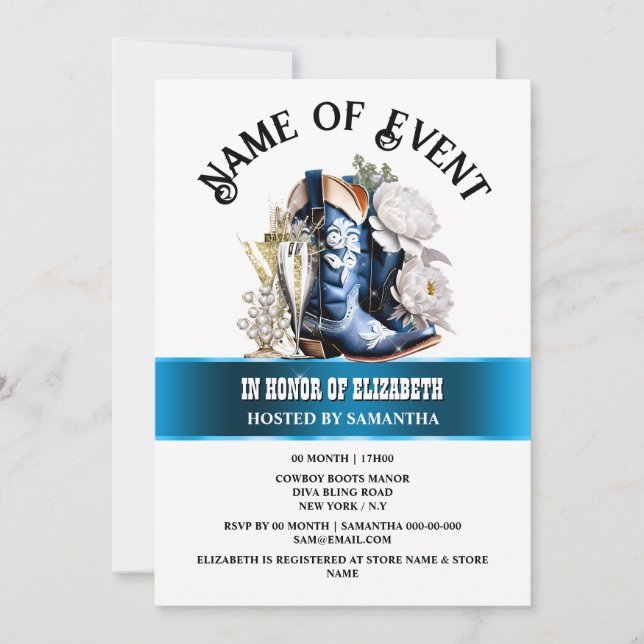 Denim lace cowgirl boots peony floral flower chic invitation (Front)