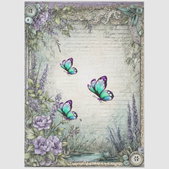 Denim & Lace Floral Fantasy Butterflies Decoupage Tissue Paper (Front)