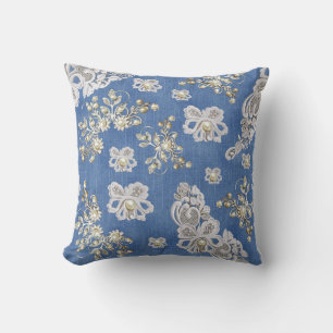 Denim- Lace-Ivory Pearls Repeat Cushion
