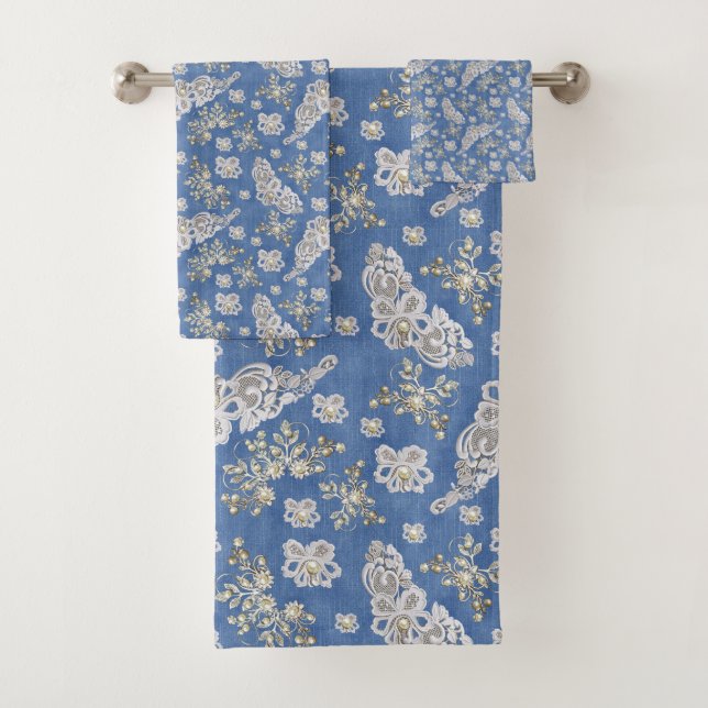 Denim- Lace Ivory Pearls Repeat Pattern Bath Towel Set (Insitu)