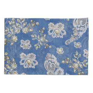 Denim - Lace Ivory Pearls Repeat Pattern Pillowcase