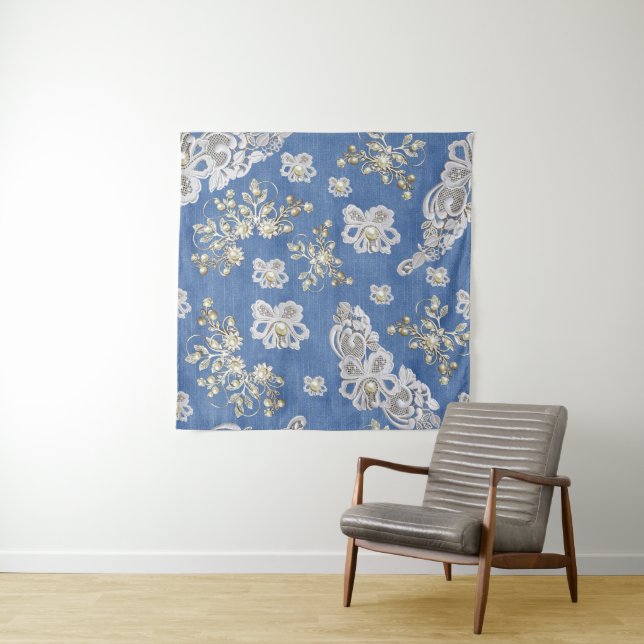 Denim- Lace - Ivory Pearls Repeat Tapestry (In Situ)
