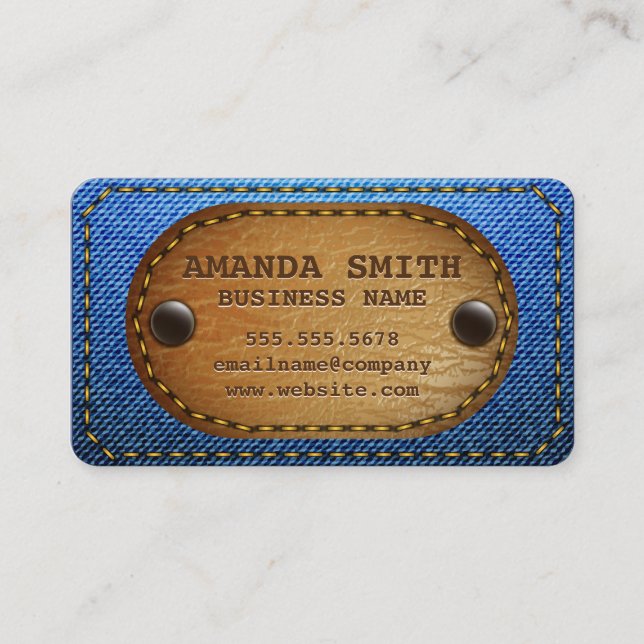 Denim Leather Stitched Background Business Card (Front)
