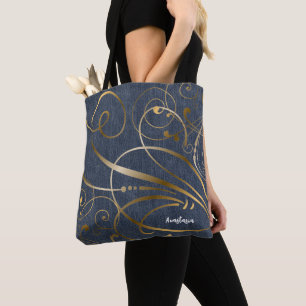 Denim Look with Gold Flourishes Personalised Tote Bag