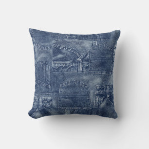 Denim material in a patchwork pocket pattern. cushion