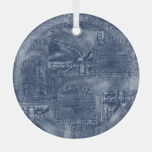 Denim material in a patchwork pocket pattern. glass tree decoration