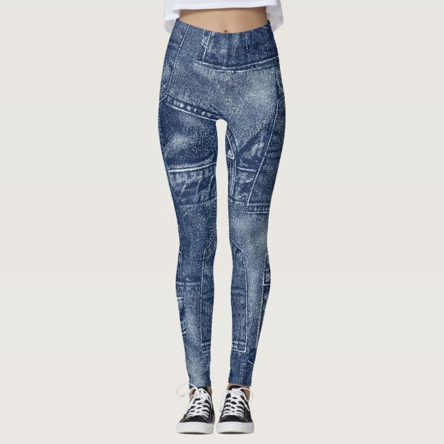 Denim material in a patchwork pocket pattern. leggings (Front)
