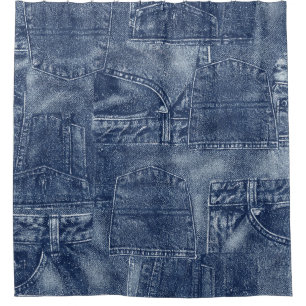 Denim material in a patchwork pocket pattern. shower curtain
