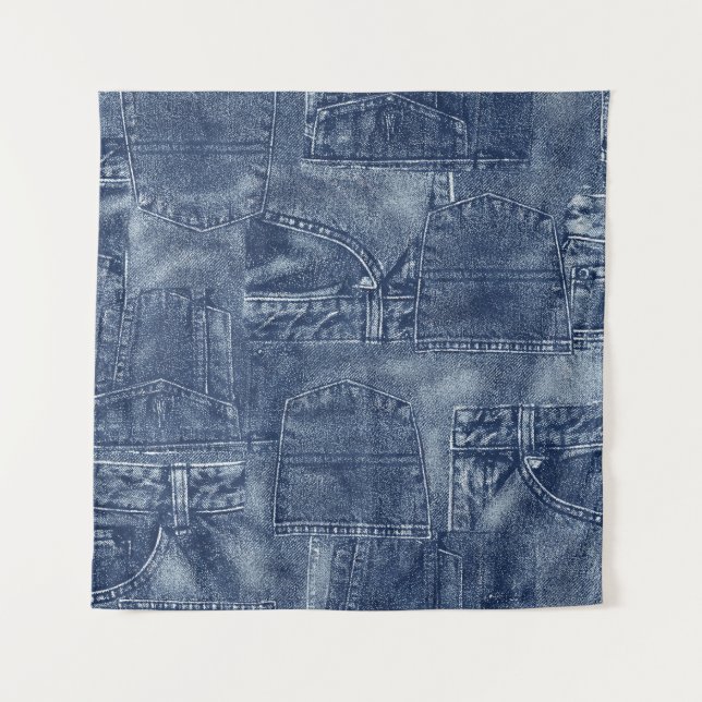 Denim material in a patchwork pocket pattern. tapestry (Front)