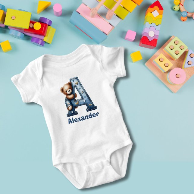 Denim Monogram A Teddy Bear Baby Bodysuit (Creator Uploaded)