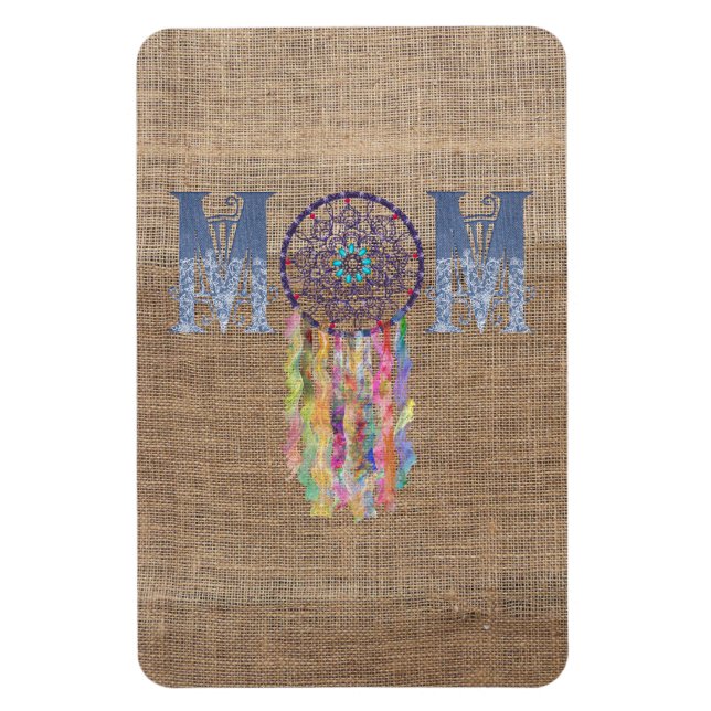 Denim Mum with Lace Dreamcatcher on Faux Burlap Magnet (Vertical)