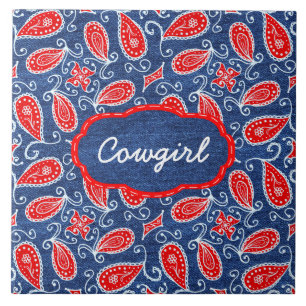 Denim Paisley Cute Floral Red White and Blue Jeans Ceramic Tile