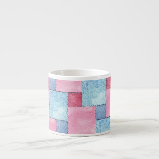 Denim Patchwork Espresso Mug, Pinks, Blues Cup (Front)