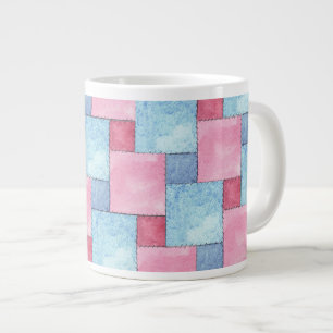 Denim Patchwork Jumbo Mug, Pinks, Blues Large Coffee Mug