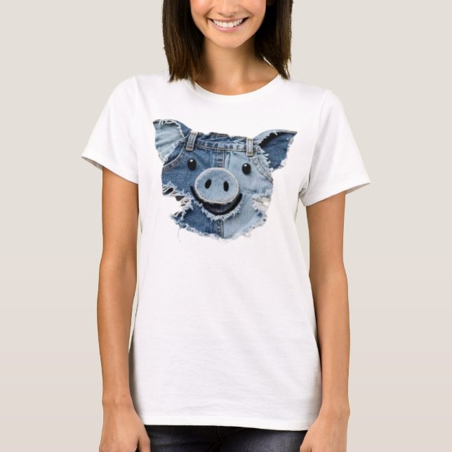 Denim Patchwork Pig T-Shirt (Front)