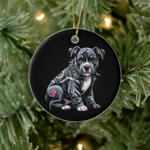 Denim Patchwork Pitbull Dog Edgy Rocker Gothic Ceramic Ornament
