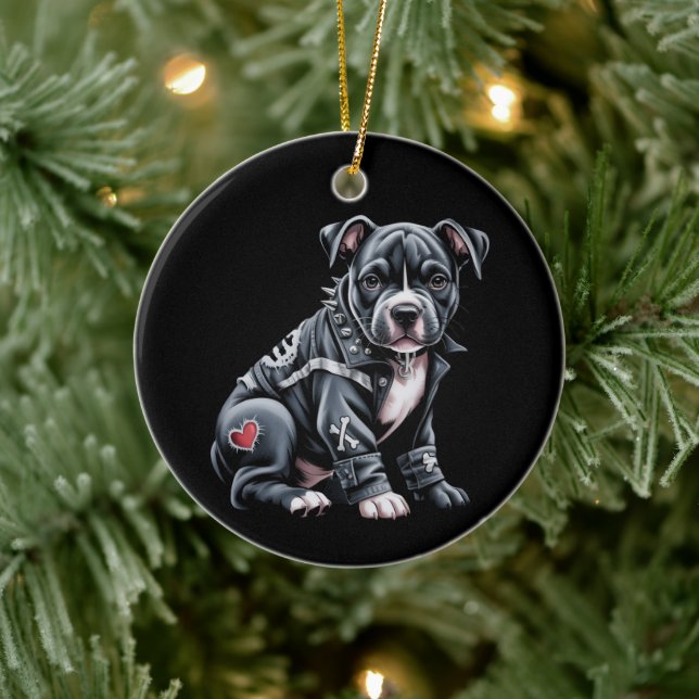 Denim Patchwork Pitbull Dog Edgy Rocker Gothic Ceramic Ornament (Tree)